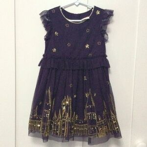 Mini Boden Party Dress—size 5-6, Royal Purple/Gold, Sequined Hogwarts Castle